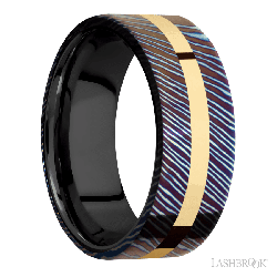 8 mm wide/Flat/Titanium Damascus band with one 2 mm Centered inlay of 14K Yellow Gold also featuring a Zirconium sleeve.