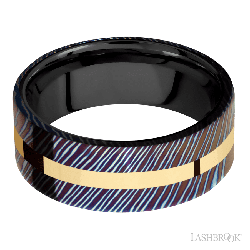8 mm wide/Flat/Titanium Damascus band with one 2 mm Centered inlay of 14K Yellow Gold also featuring a Zirconium sleeve.