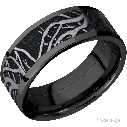8 mm wide/Flat/Zirconium band with one 6 mm Centered inlay of Tantalum with a laser carved Branches pattern.