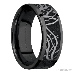 8 mm wide/Flat/Zirconium band with one 6 mm Centered inlay of Tantalum with a laser carved Branches pattern.