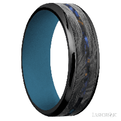 7 mm wide/Beveled/Zirconium band featuring inlays of Forged Carbon Fiber and Blue Tiger Eye also featuring a Royal Blue sleeve.