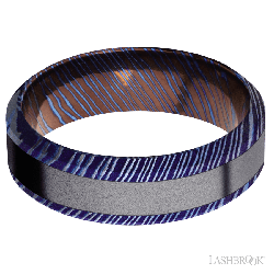 7 mm wide/High Bevel/Titanium Damascus band with one 3 mm Centered inlay of Tantalum.