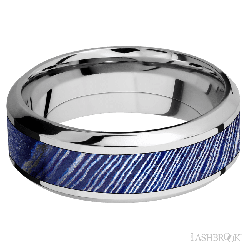 8 mm wide/High Bevel/Cobalt Chrome band with one 4 mm Centered inlay of Titanium Damascus.