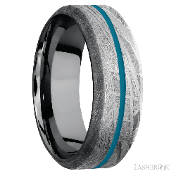 8 mm wide/High Bevel/Meteorite band with one 1 mm Centered inlay of Sea Blue also featuring a Tantalum sleeve.