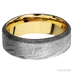 8 mm wide High Bevel Meteorite band featuring a 14K Yellow Gold sleeve.