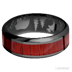 8 mm wide/High Bevel/Zirconium band with one 4 mm Centered inlay of Blood Wood.