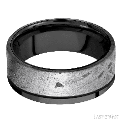 8 mm wide/Flat/Zirconium band with one 6 mm Off Center Edge inlay of Meteorite.