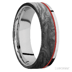 7 mm wide/Flat/Cobalt Chrome band with one 5 mm Off Center Edge inlay of Forged Carbon Fiber.