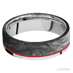 7 mm wide/Flat/Cobalt Chrome band with one 5 mm Off Center Edge inlay of Forged Carbon Fiber.