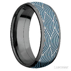 8 mm wide/Domed/Zirconium band with one 6 mm Centered inlay of Cobalt Chrome with a laser carved Navigator pattern.