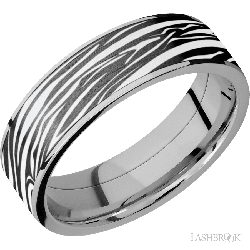 7 mm wide/Flat/Titanium band with one 6 mm Centered inlay of Zirconium with a laser carved Zebra pattern.