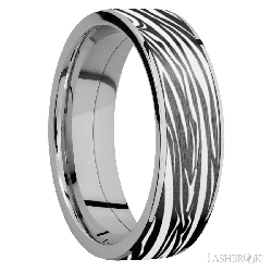 7 mm wide/Flat/Titanium band with one 6 mm Centered inlay of Zirconium with a laser carved Zebra pattern.