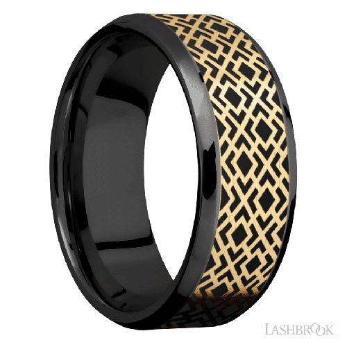 8 mm wide/Beveled/Zirconium band with one 6 mm Centered inlay of 14K Yellow Gold with a laser carved Trellis 2 pattern.