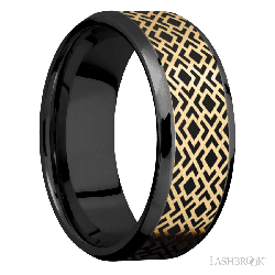 8 mm wide/Beveled/Zirconium band with one 6 mm Centered inlay of 14K Yellow Gold with a laser carved Trellis 2 pattern.