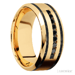 9 mm wide/High Bevel/14K Yellow Gold band with  two 1 mm Wide inlays of Black Onyx and featuring an  arrangement of 9, .03 carat Round Black Diamond stones in a Channel setting