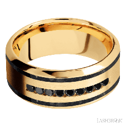 9 mm wide/High Bevel/14K Yellow Gold band with  two 1 mm Wide inlays of Black Onyx and featuring an  arrangement of 9, .03 carat Round Black Diamond stones in a Channel setting