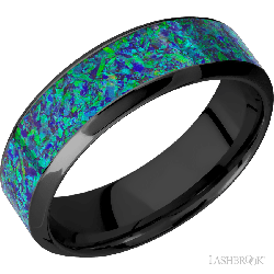 7 mm wide/High Bevel/Zirconium band with one 4 mm Centered inlay of Green Opal.