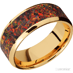 8 mm wide/Beveled/14K Yellow Gold band with one 6 mm Centered inlay of Red Opal.