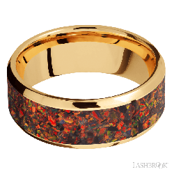 8 mm wide/Beveled/14K Yellow Gold band with one 6 mm Centered inlay of Red Opal.