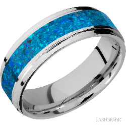 7 mm wide/Flat Grooved Edges/Cobalt Chrome band with one 4 mm Centered inlay of Blue Opal.