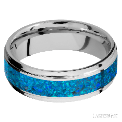 7 mm wide/Flat Grooved Edges/Cobalt Chrome band with one 4 mm Centered inlay of Blue Opal.