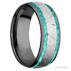 8 mm wide/Domed/Zirconium band featuring inlays of Teal Opal and Meteorite.