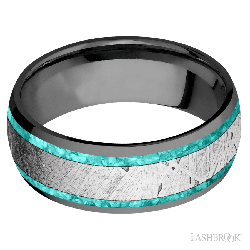 8 mm wide/Domed/Zirconium band featuring inlays of Teal Opal and Meteorite.