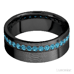 8 mm wide/Flat/Zirconium band with a Off Center Eternity arrangement of .03 carat Round Lab Blue Diamond stones in a Bead setting.