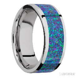 8 mm wide/Flat/Cobalt Chrome band with one 6 mm Centered inlay of Blue Green Opal.