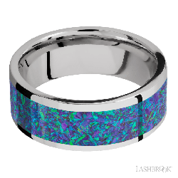 8 mm wide/Flat/Cobalt Chrome band with one 6 mm Centered inlay of Blue Green Opal.
