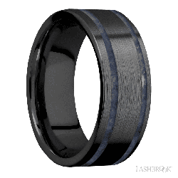 8 mm wide/Flat/Zirconium band with two 1 mm Wide inlays of Sodalite.