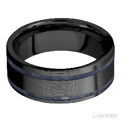 8 mm wide/Flat/Zirconium band with two 1 mm Wide inlays of Sodalite.