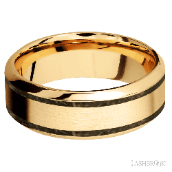 8 mm wide/High Bevel/14K Yellow Gold band with two 1 mm Wide inlays of Gold Tiger Eye.