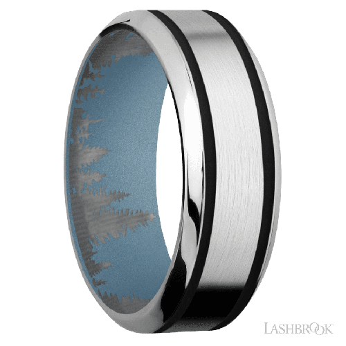 8 mm wide/High Bevel/Cobalt Chrome band with two 1 mm Wide inlays of Black also featuring a Polar Blue sleeve.