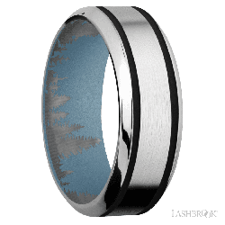 8 mm wide/High Bevel/Cobalt Chrome band with two 1 mm Wide inlays of Black also featuring a Polar Blue sleeve.