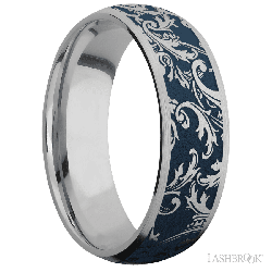 7 mm wide/Domed/Titanium band with a laser carved Black Leaf pattern.