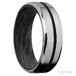 7 mm wide/Beveled/Titanium band with one 1 mm Centered inlay of Black also featuring a Forged Carbon Fiber sleeve.