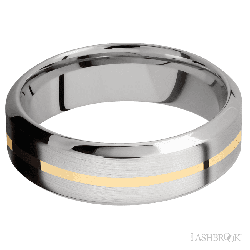 7 mm wide/High Bevel/14K White Gold band with one 1 mm Centered inlay of 14K Yellow Gold.