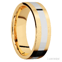 7 mm wide/Flat/14K Yellow Gold band with one 3 mm Centered inlay of 14K White Gold.