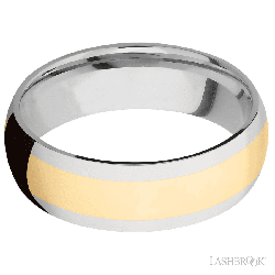 7 mm wide/Domed/14K White Gold band with one 4 mm Centered inlay of 14K Yellow Gold.