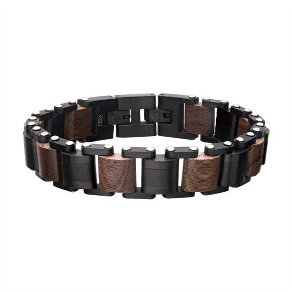 Stainless Steel Black Plated & Walnut Wood Bracelet