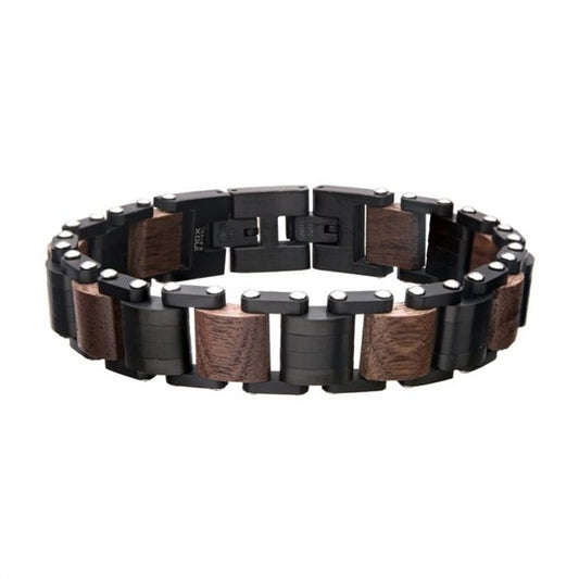 Stainless Steel Black Plated & Walnut Wood Bracelet
