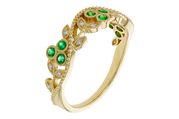 14K Floral Milgrain Emerald & Diamond Fashion Ring