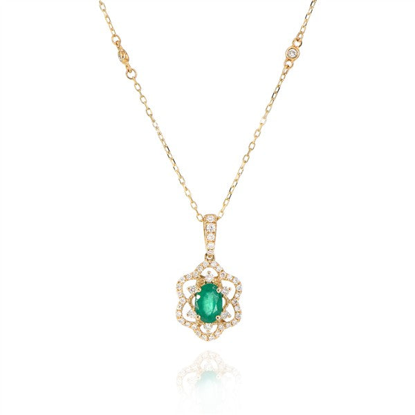 14K Oval Emerald Vintage Floral Diamond Halo Pendant