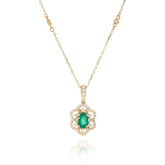 14K Oval Emerald Vintage Floral Diamond Halo Pendant
