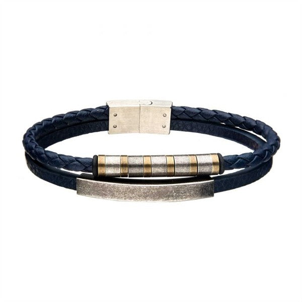 Double Wrap Blue Leather & Two-Tone Stainless Steel Bar Bracelet