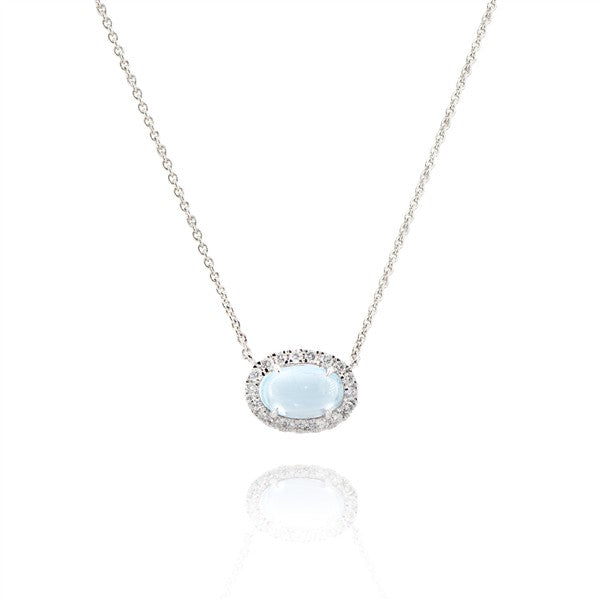 14K East West Diamond Halo Cabochon Aquamarine Necklace