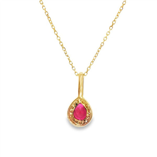 14 Karat Yellow Gold Ruby Pear Halo Pendant
