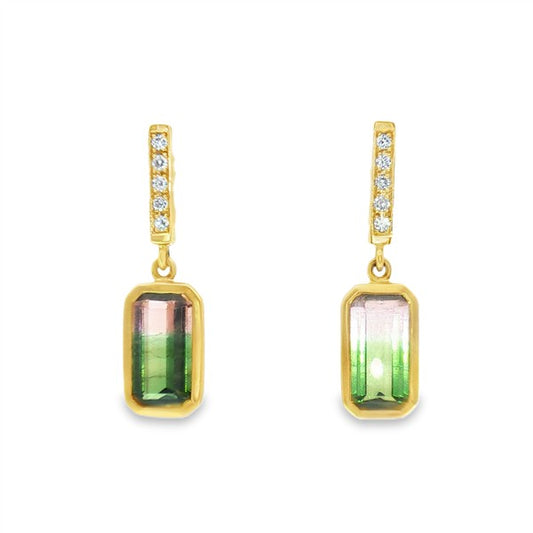18K Brushed Bezel-set Watermelon Tourmaline Dangle Stud Earring