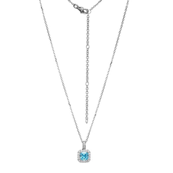 Radiant Blue CZ Cushion Halo Silver Necklace